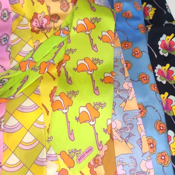 Peter Max Silk Tie Signed Pop Art Chartreuse Orange PurpleIris Floral Print
